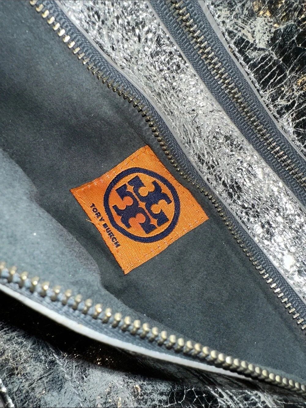Tory Burch Metallic Silver Leather Card Holder with Logo Medallion